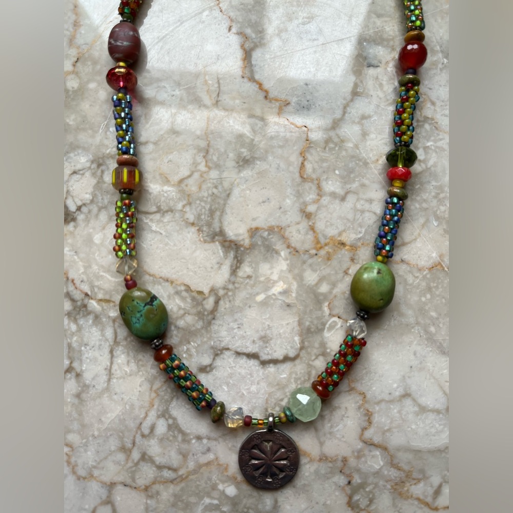 Artisan created beaded necklace with Thai silver pendant. 16”. - Picture 3 of 7
